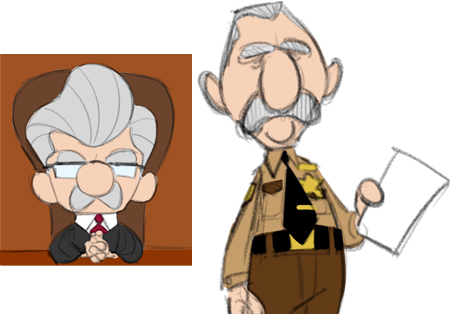 Character designs of judge, bailiff