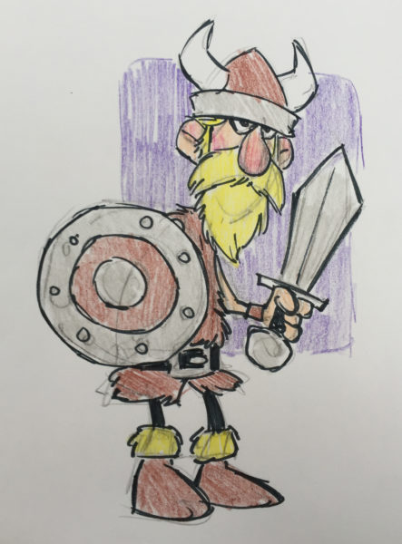 Color sketch by Cedric Hohnstadt of a cartoon viking holding a shield and sword. Copyright © 2016, Cedric Hohnstadt. All rights reserved. https://cedricstudio.com